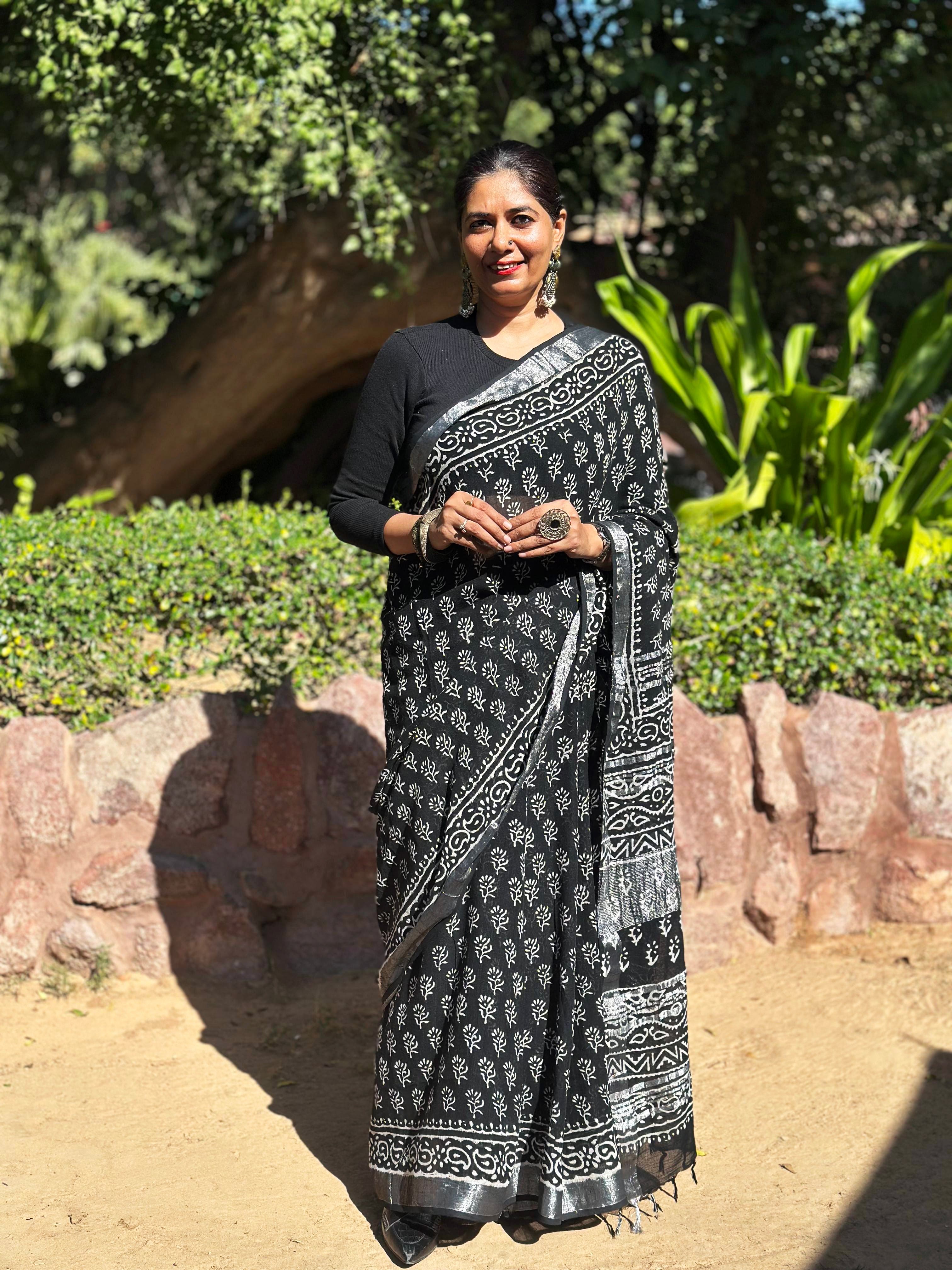 beautiful handmade designer latest fashion handblock saree blouse using organic dyes and premium linen