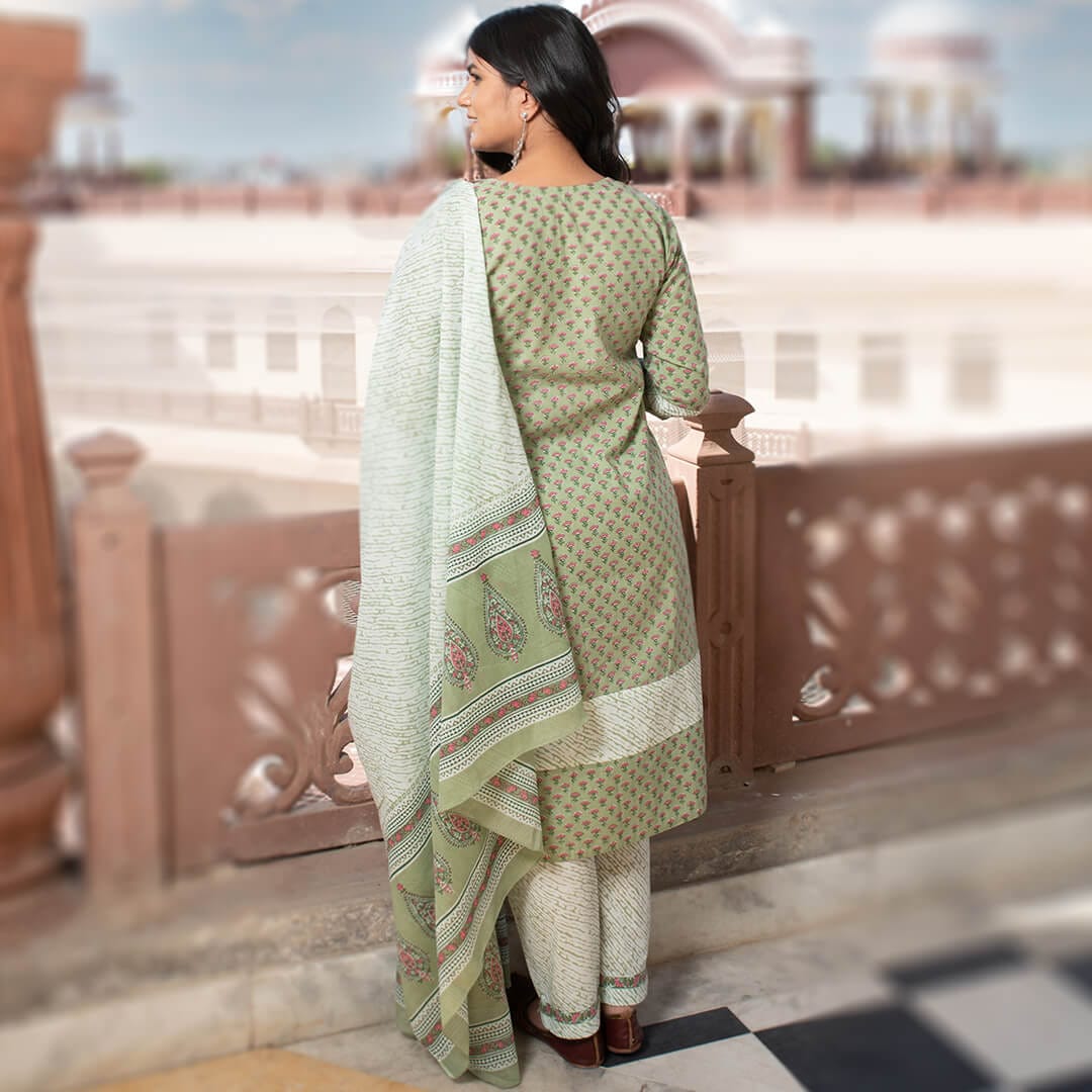 light green cotton suit set dupatta soft pink boota handblock print styling on kurta front sequins on neck buy online 