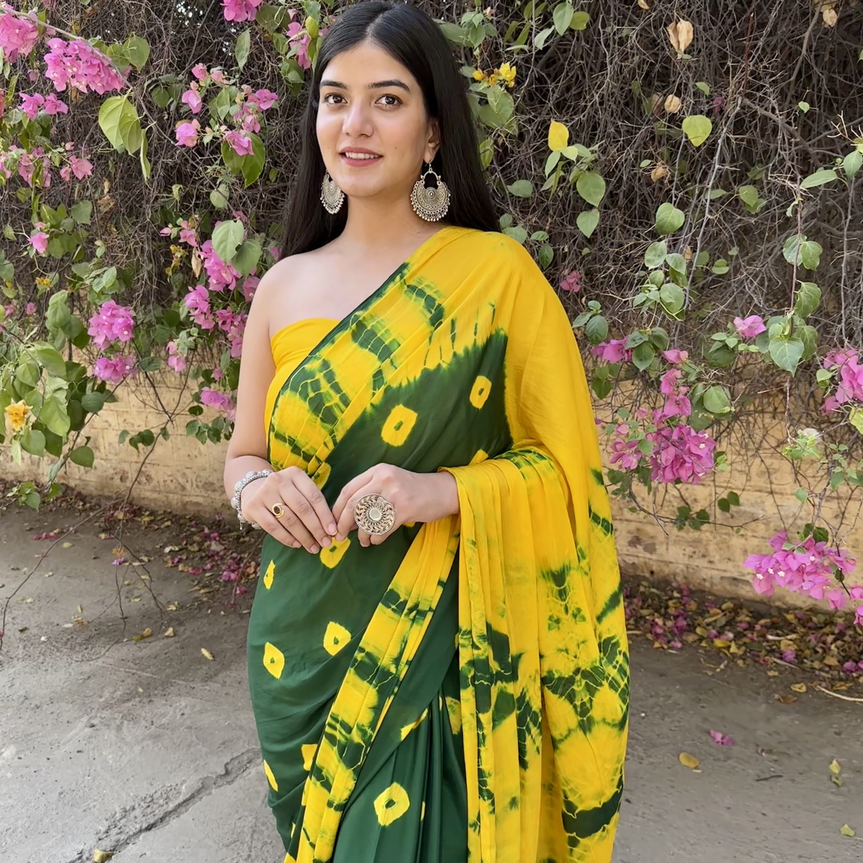 green bandhej shibori tie dye chinnon saree handmade in india light-weight for summer wear party wear office wear Indian outfit