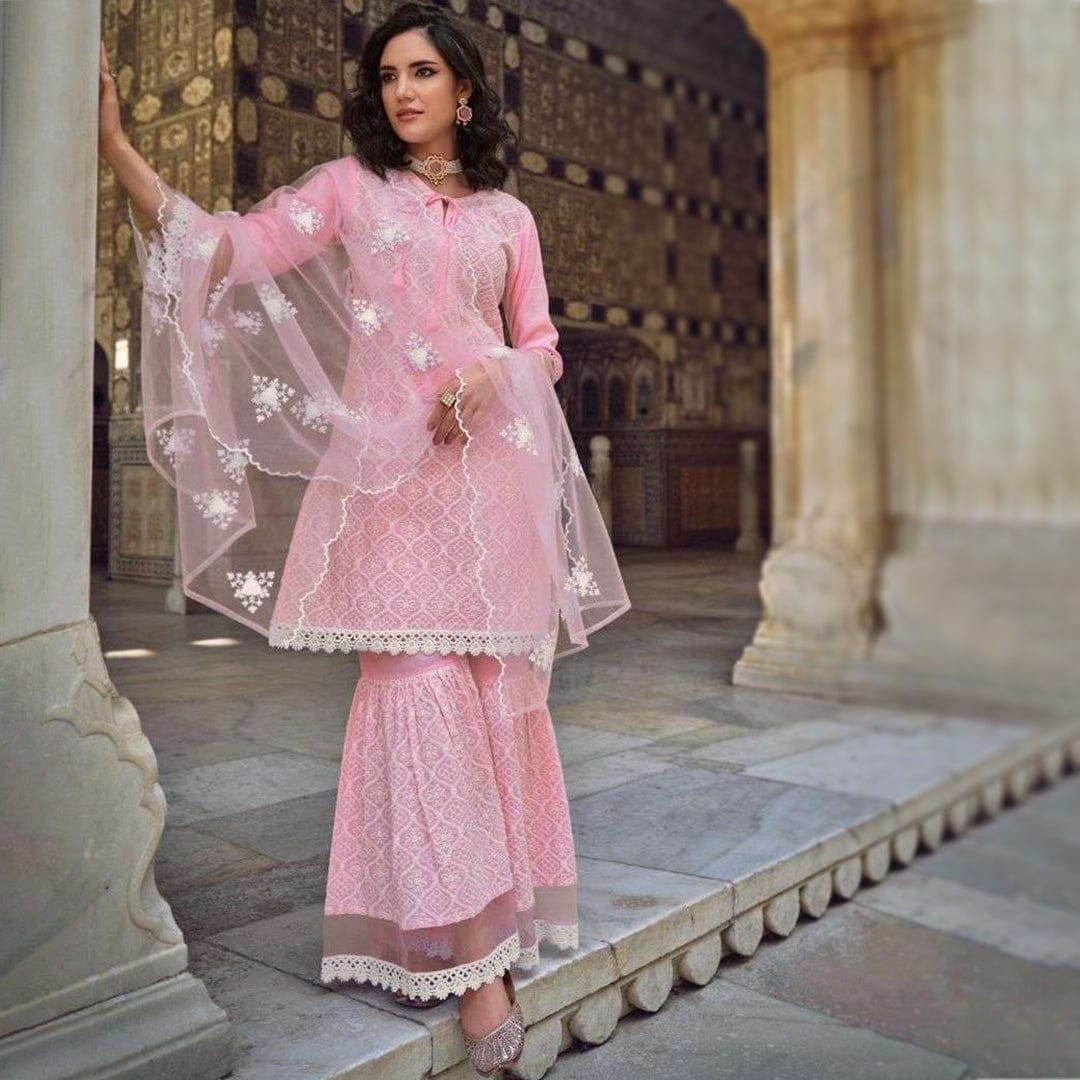 pink embroidered schiffli cotton sharara set for summer festive wear latest fashion designer dress embroidery schiffli work