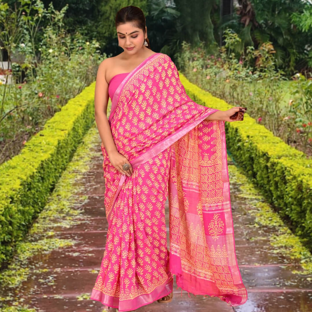 Arohi pink handblock linen saree with blouse