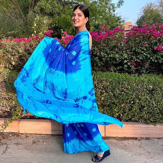 blue bandhej shibori tie dye chinnon saree handmade in india light-weight for summer wear party wear office wear Indian outfit