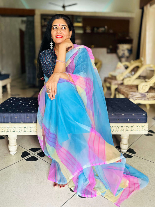 High quality designer premium chiffon saree handmade using natural dye and matching blouse in floral jaal print in multicolour colour online shopping india