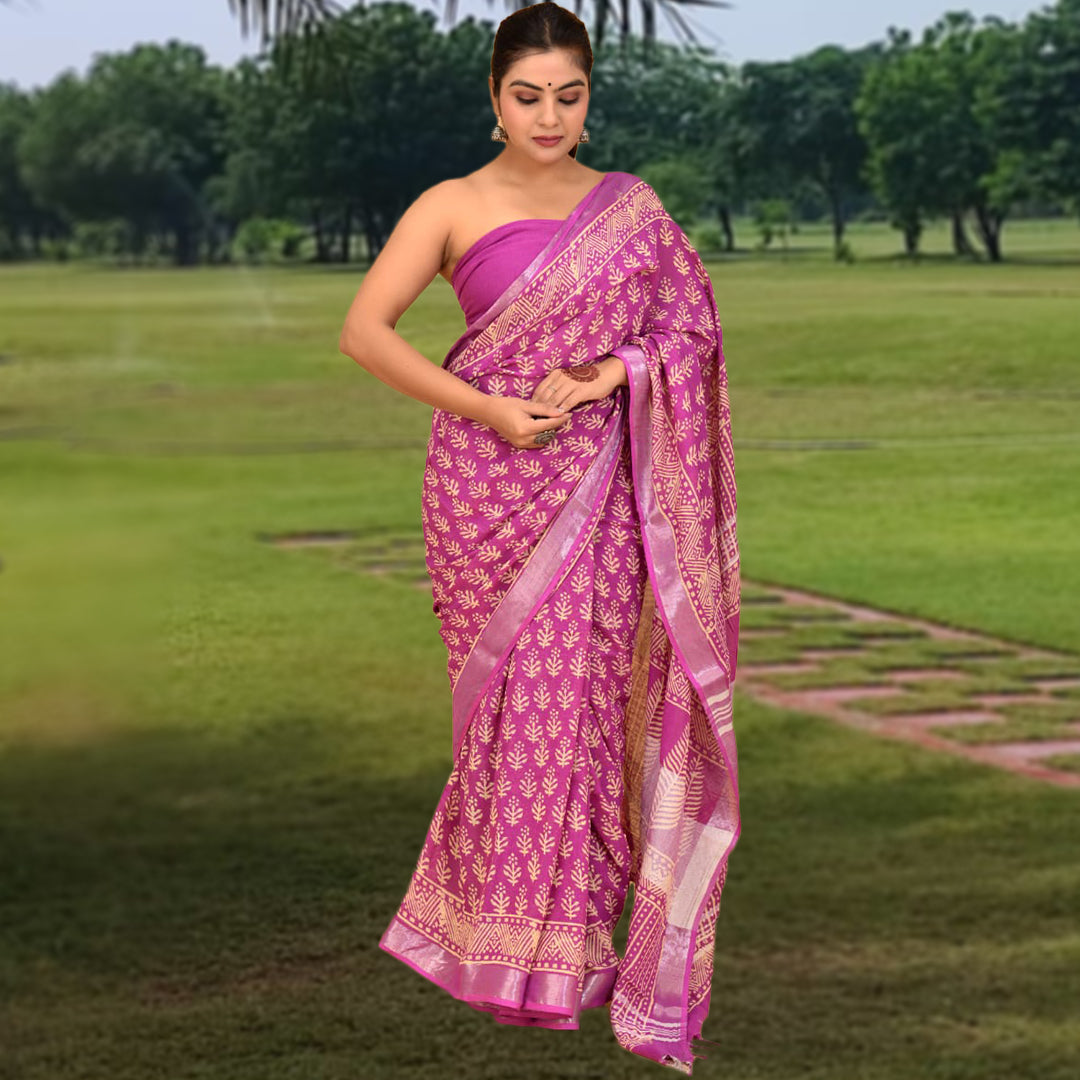 High quality designer linen saree handblock using natural dye and matching blouse in floral jaal print in pink maroon colour online shopping india