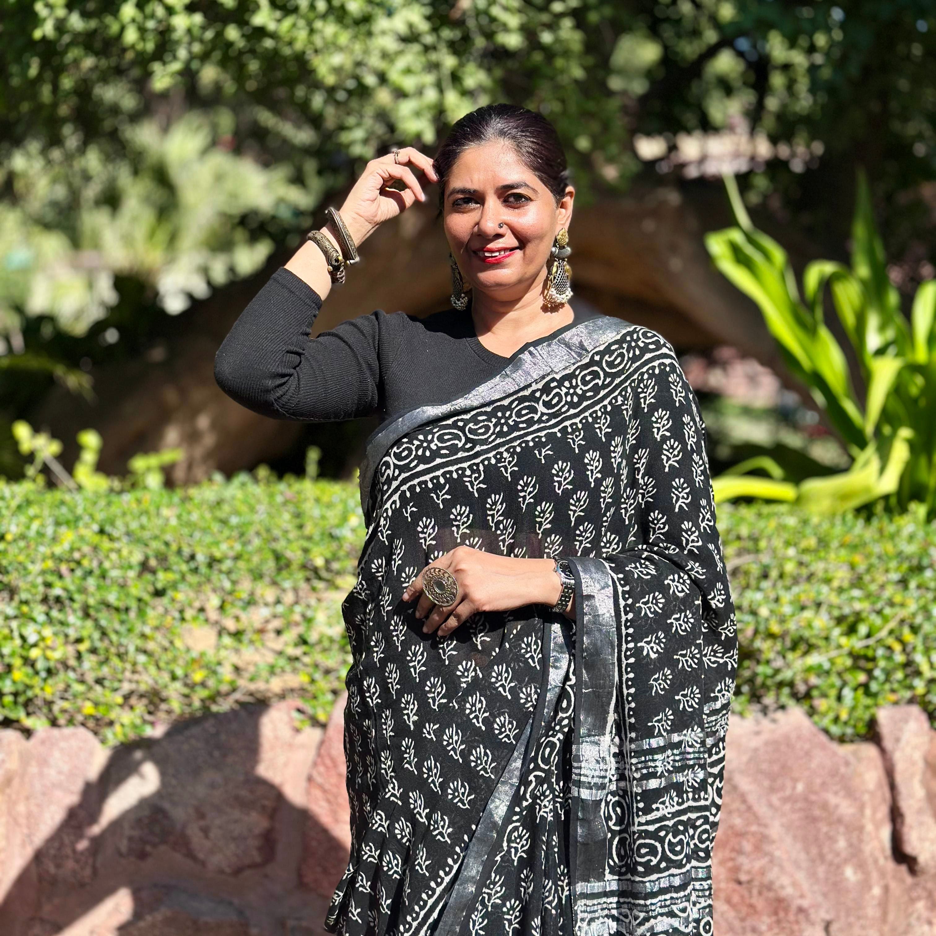 stylish handmade artisanal handblock handmade premium linen saree blouse made using natural fibers and organic dyes