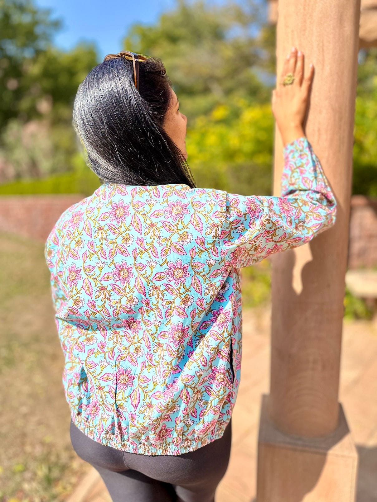 Blue Skies handblock Bomber Jacket