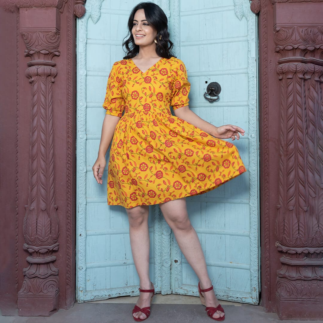 designer online shopping summer dress yellow red flowers latest fashion handblock organic dye stylish summer wear