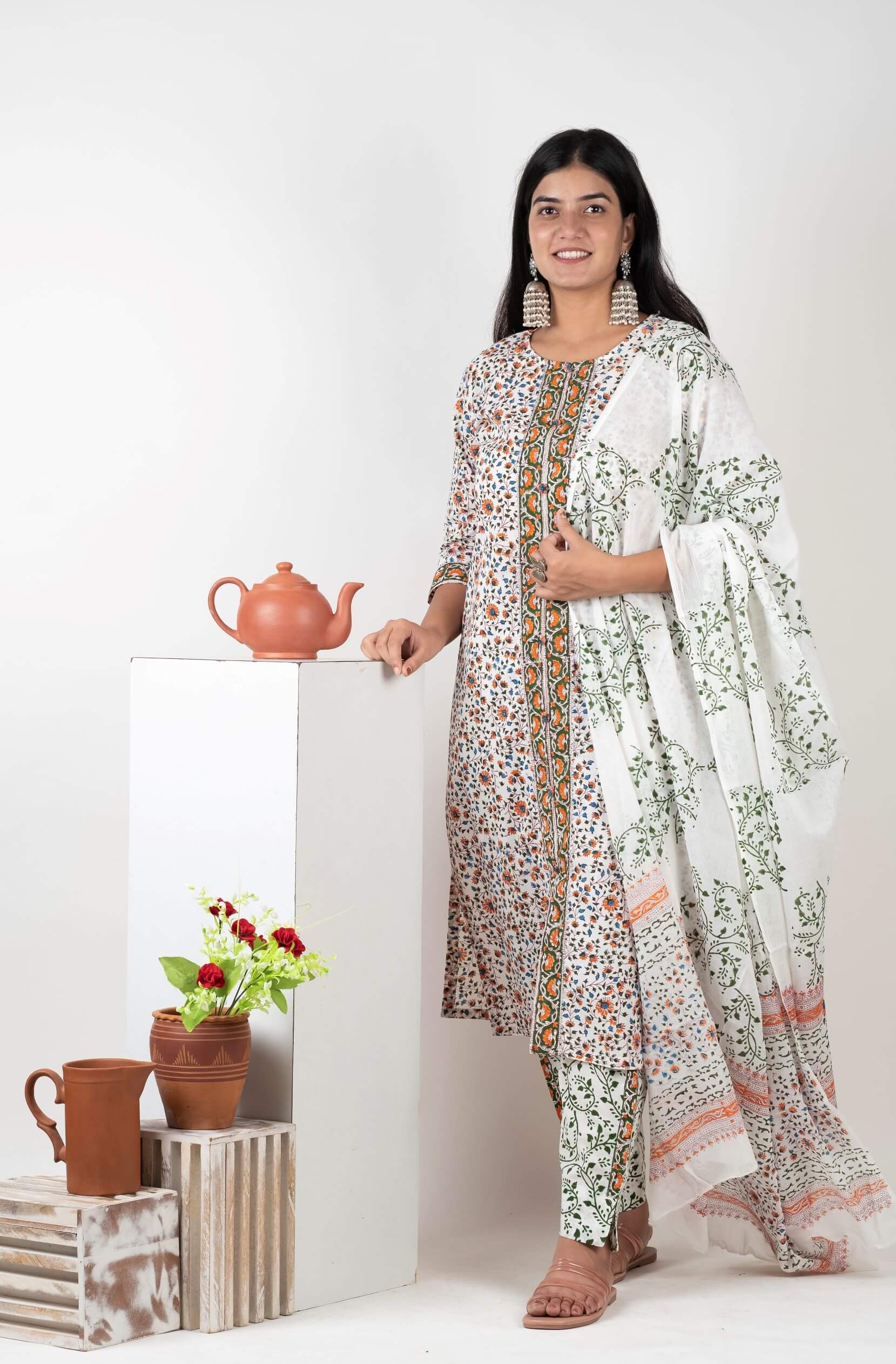 handblock pure cotton suit set with floral pattern long kurta, pants with pockets and dupatta for daily wear summer