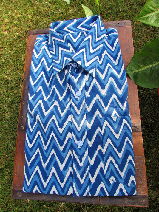 Blue chevron hand block cotton shirt