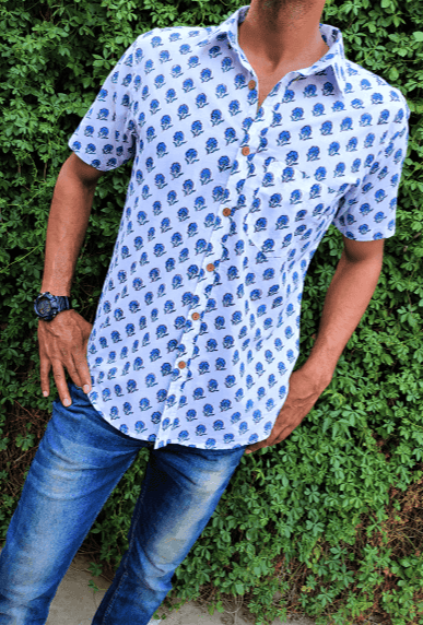 White and blue motifs hand block cotton shirt