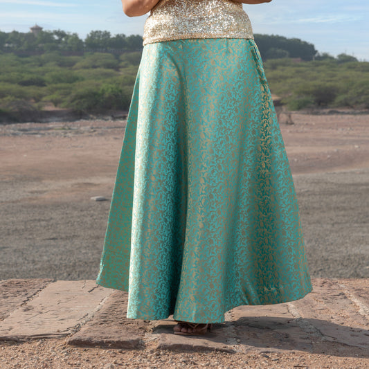 subtle brocade full length flared  light green skirt for the party look