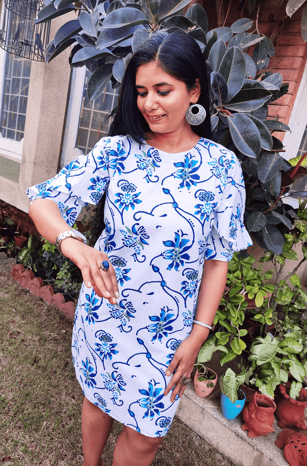 Blue Bell handblock cotton dress with ruffles
