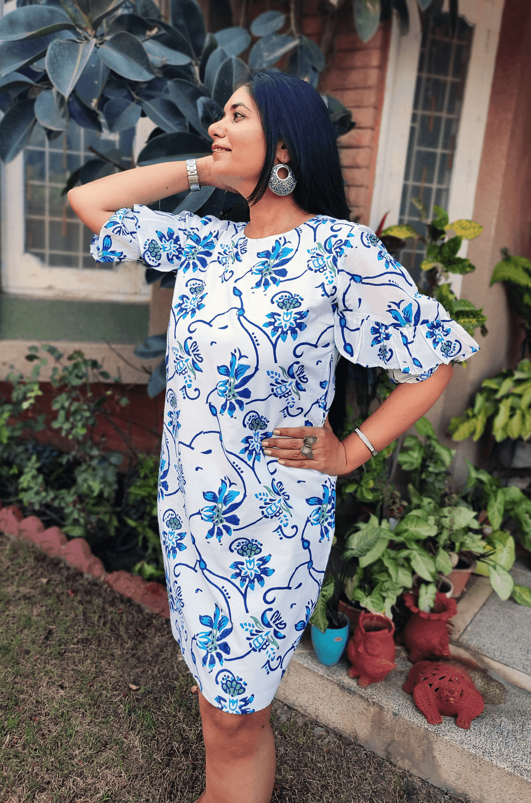 Blue Bell handblock cotton dress with ruffles