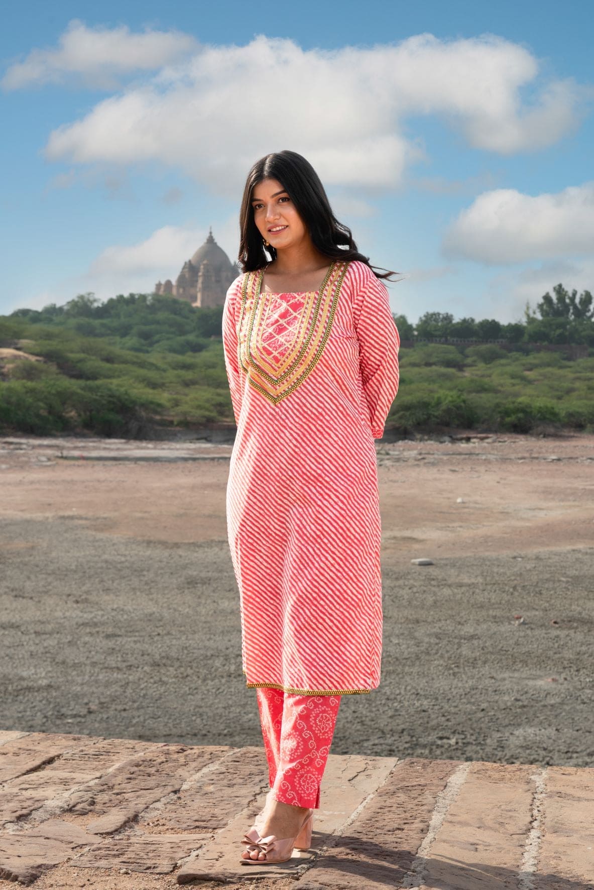 authentic designer lehariya and bandhej pure cotton long stylish kurta with gota work on yoke and pallazo pant