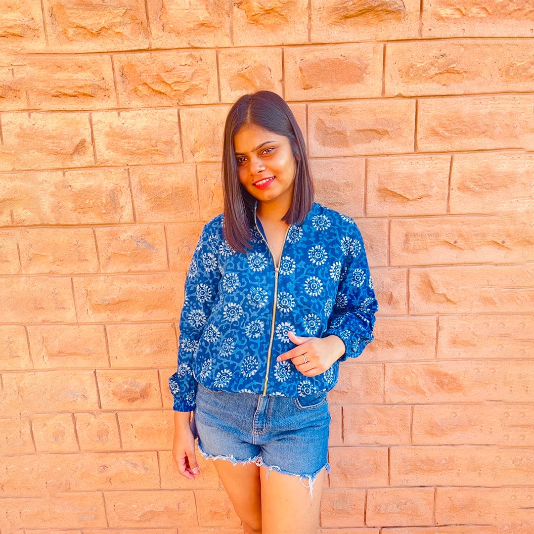 blue indigo hand block cotton bomber jacket with zipper and 2 pockets handmade in india for online shopping