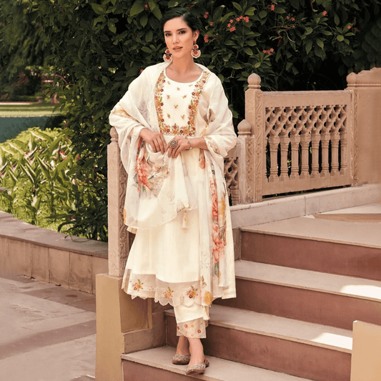 festive suit set in cream silk with embroidery and handprinted floral dupatta online shopping made in india