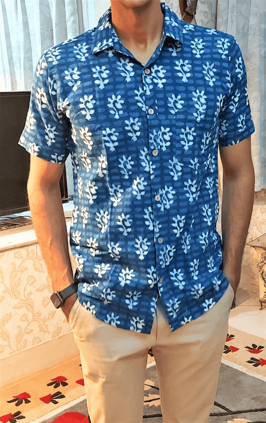 handblock indigo cotton shirt for men floral motifs boota print