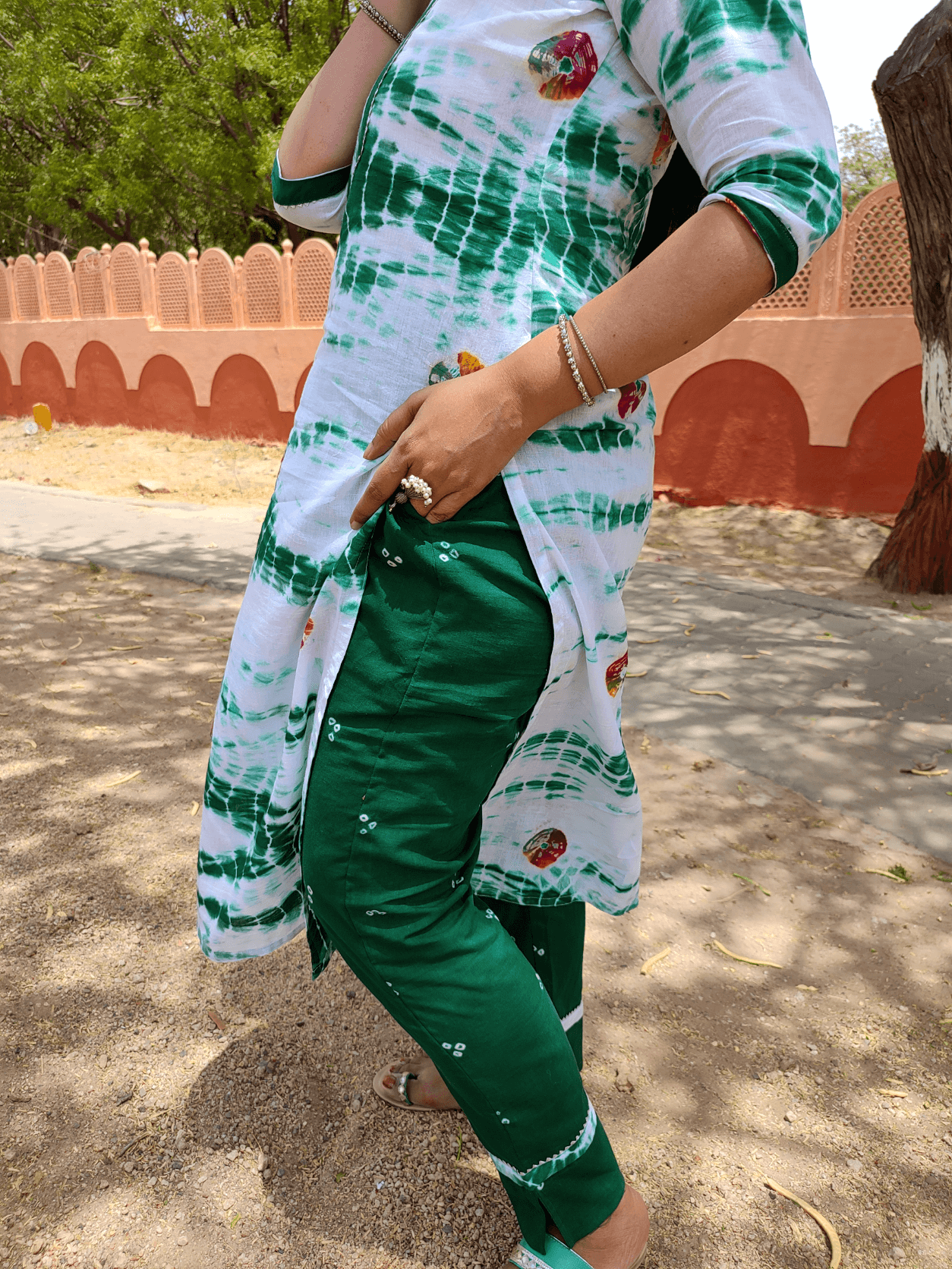 green shibori and bandhej mul cotton latest fashion long cotton kurta with bandhej pants dupatta  in natural organic dye