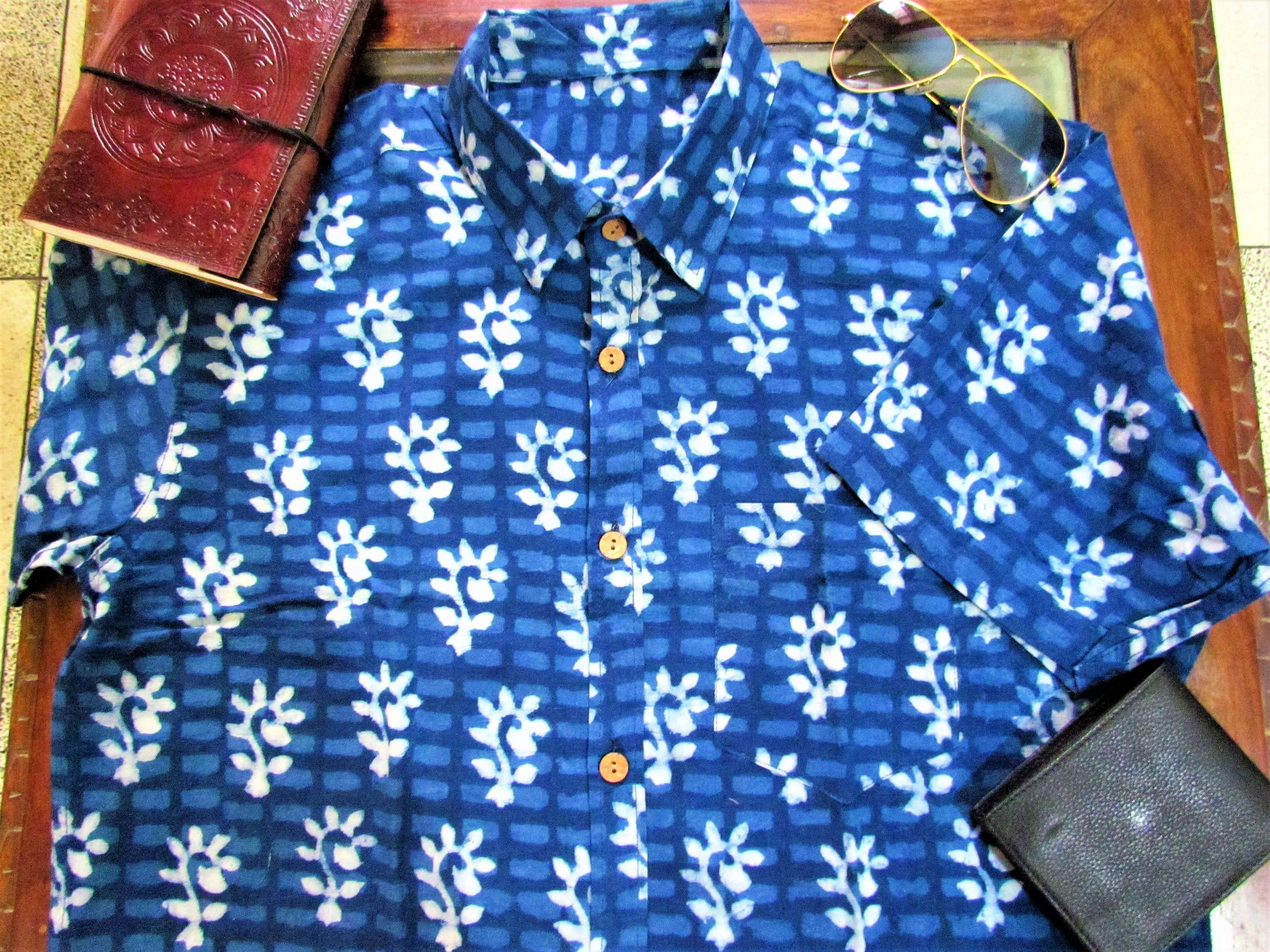 Blue indigo half sleeves cotton shirt with hand block print