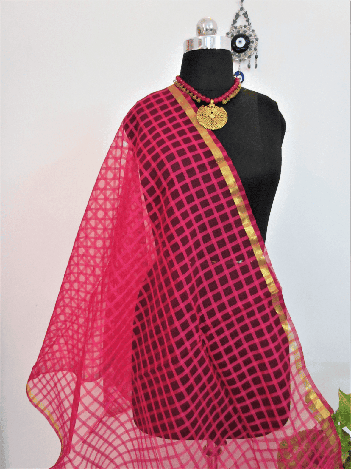 Magenta checkered dupatta with self-design
