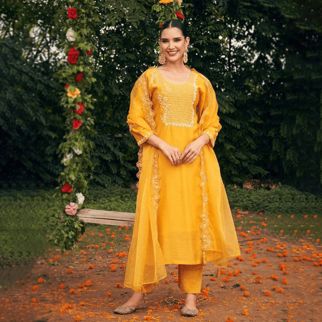 festive suit set in green silk with embroidery and embroidered organza dupatta online shopping made in india