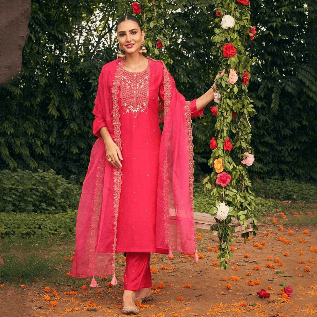 festive suit set in pink silk with embroidery and organza embroidered dupatta online shopping made in india