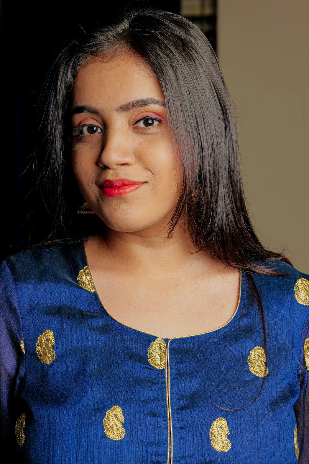 Karmavati midnight blue kurta with gold paisley boota