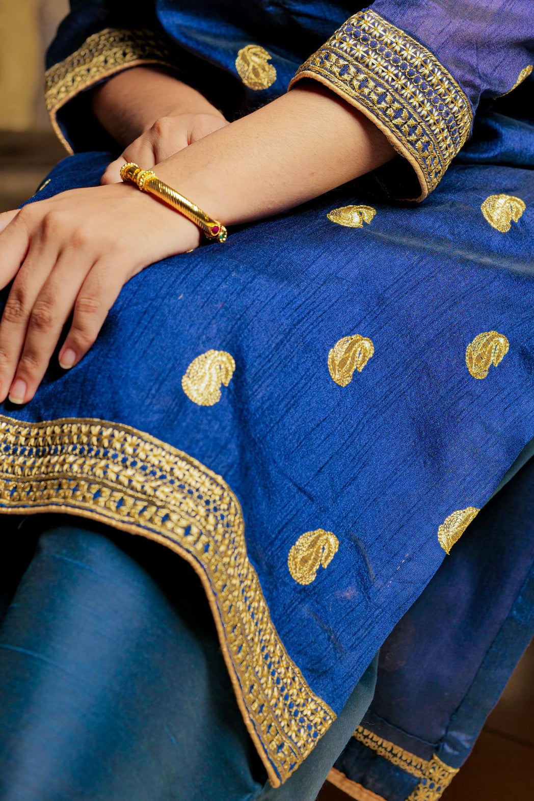 Karmavati midnight blue kurta with gold paisley boota