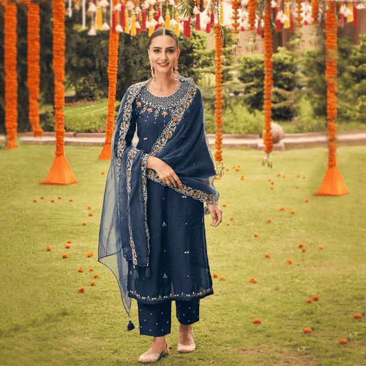 festive suit set in blue silk with embroidery and organza embroidered dupatta online shopping made in india