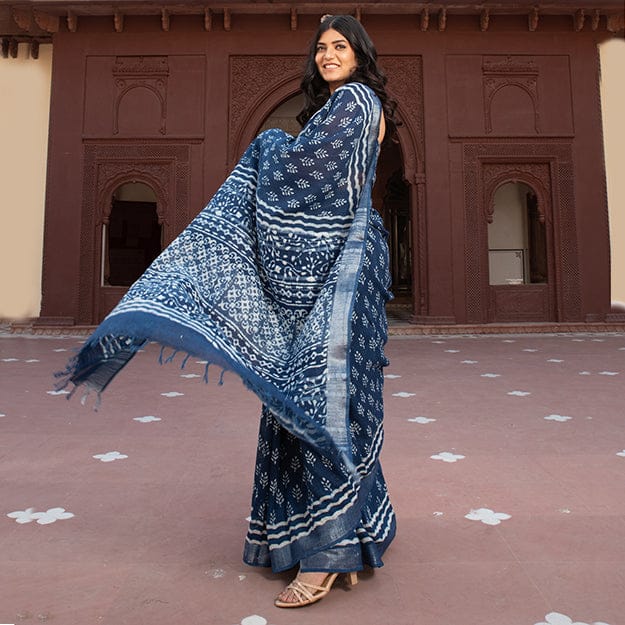 Trishna Indigo Linen saree with hand block motif print