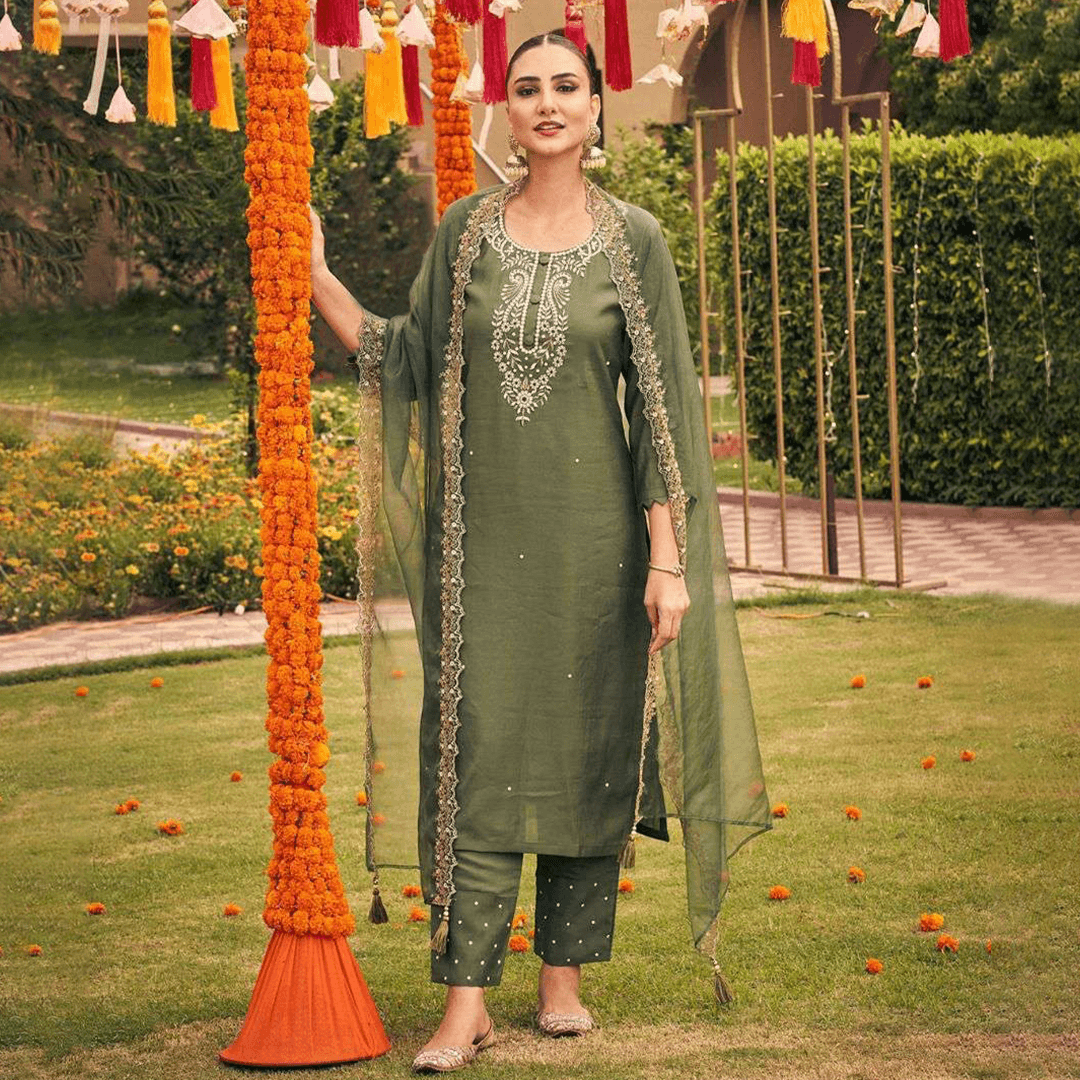 festive suit set in green silk with embroidery and organza embroidered dupatta online shopping made in india