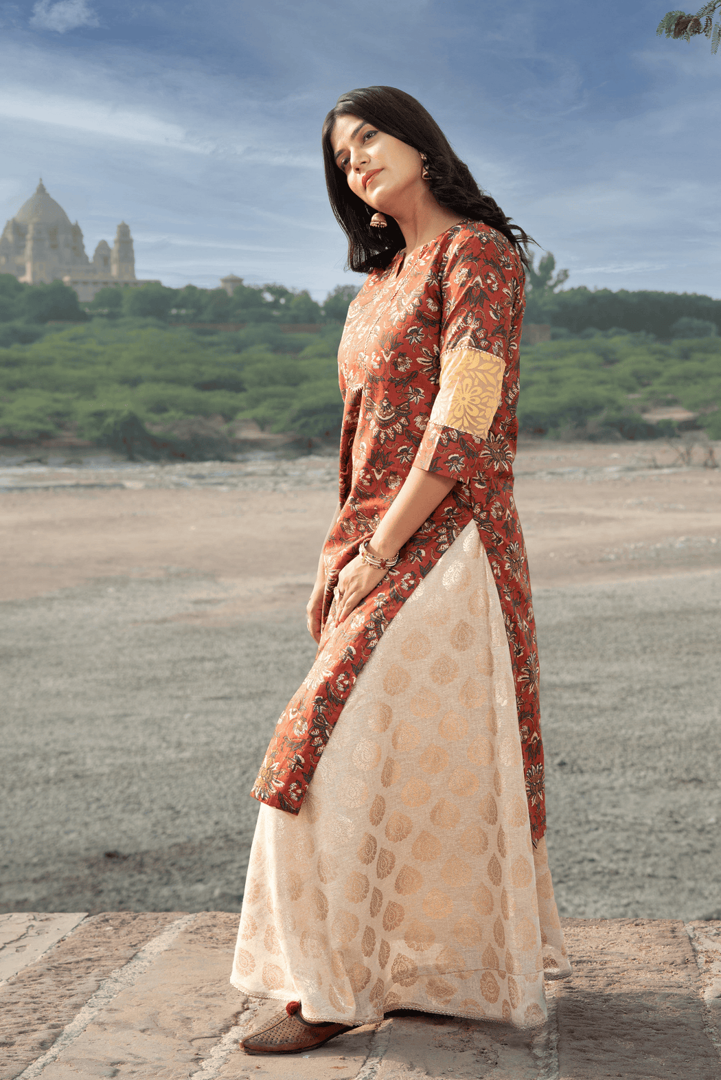 classy handblock cotton suit maroon long kurta in natural dye with floral print and long cotton skirt made in jodhpur and jaipur rajasthan