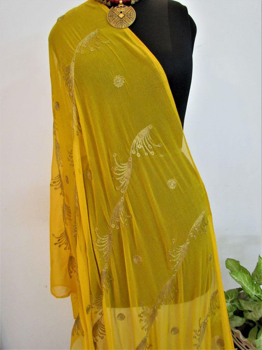 Yellow georgette dupatta with embroidered jaal