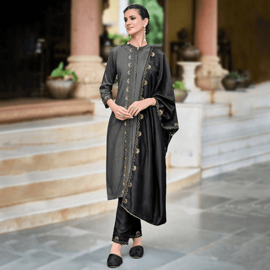 ash grey black silk suit set with embroidery kurta pant dupatta sequins work hand made in india