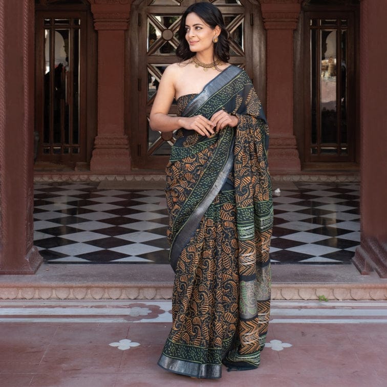 Sumukhi Linen saree with hand block paisley print