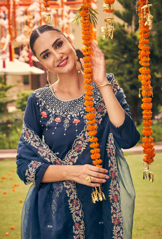 festive suit set in blue silk with embroidery and organza embroidered dupatta online shopping made in india