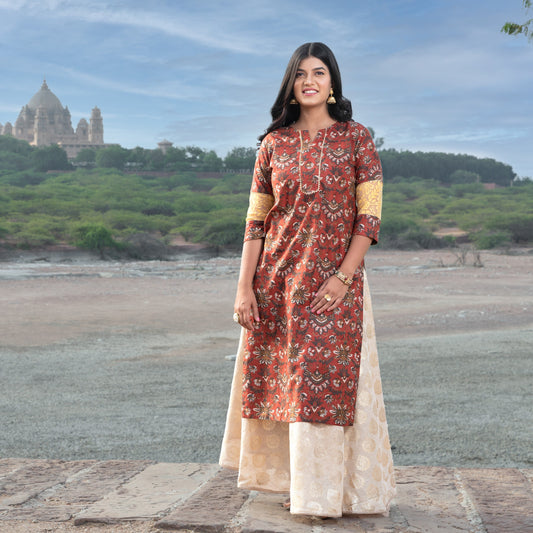 authentic handblock cotton maroon long kurta in natural dye with floral print and long cotton skirt