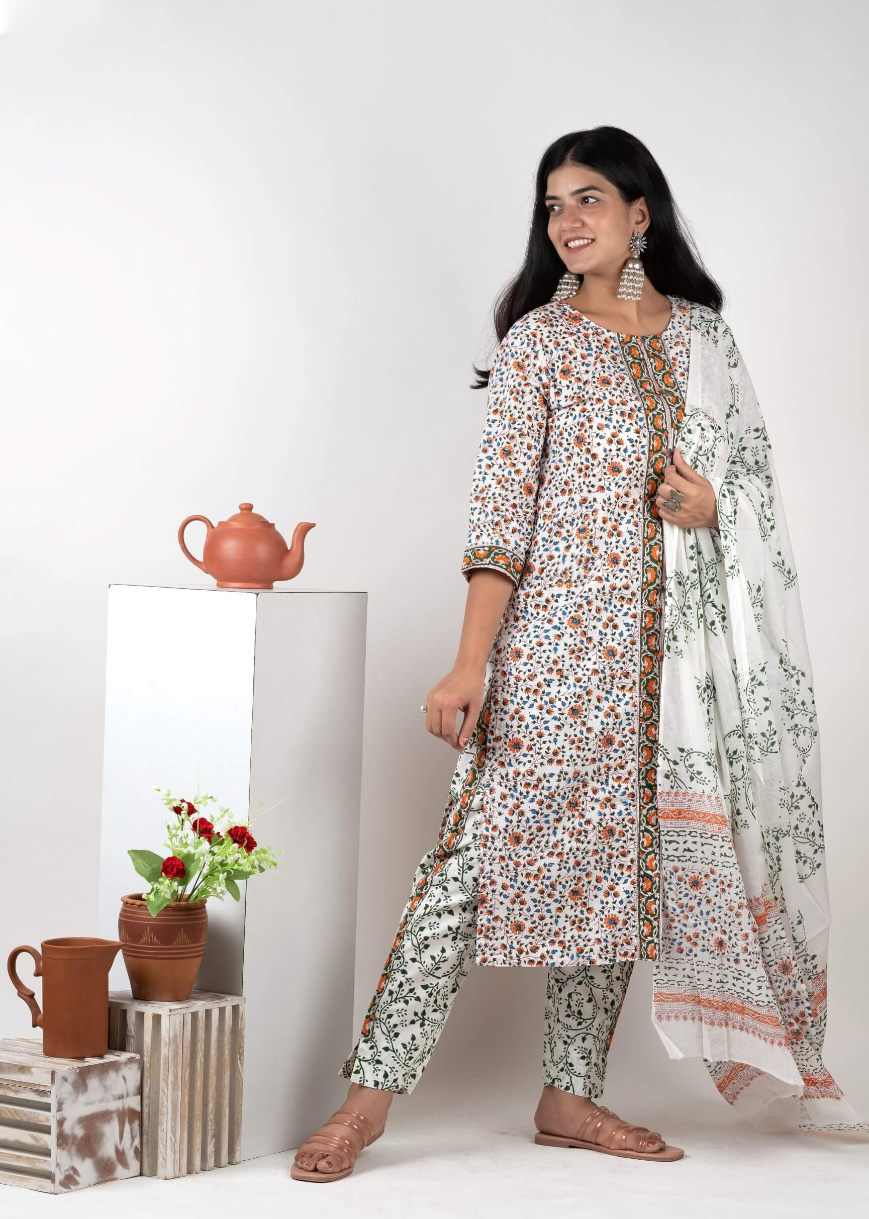 sustainable fashion handblock pure cotton suit set with floral pattern matching pants dupatta in flower print in natural dye