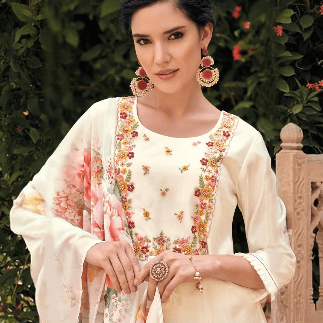 festive suit set in cream silk with embroidery and handprinted floral dupatta online shopping made in india