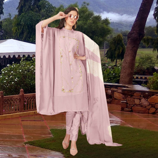pastel pink latest designer georgette kaftan suit set with dupatta and cotton cigarette pants summer wear made in india
