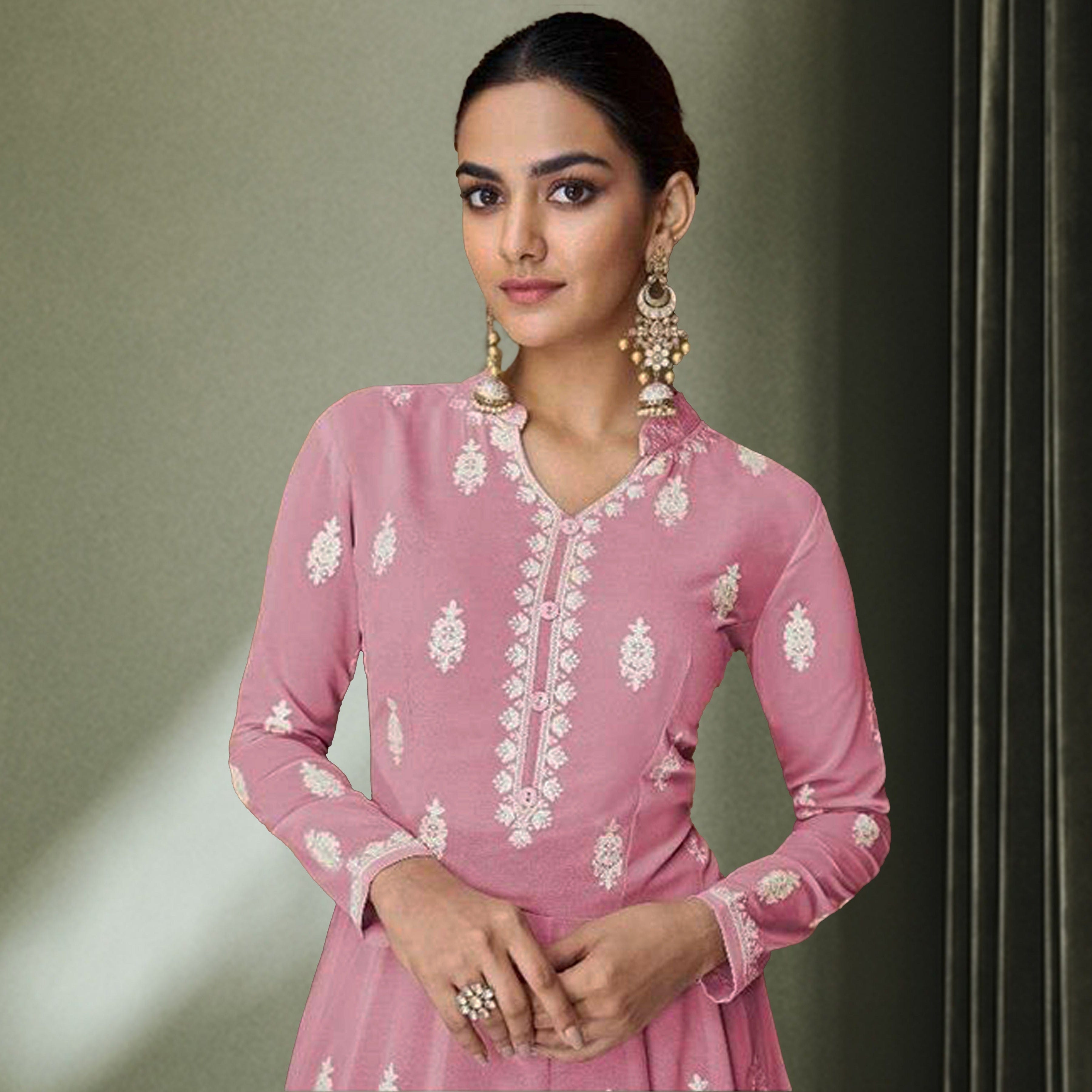 hand embroidered pink chikankari work evening party dress gown long sleeves made in india online shopping designer wear