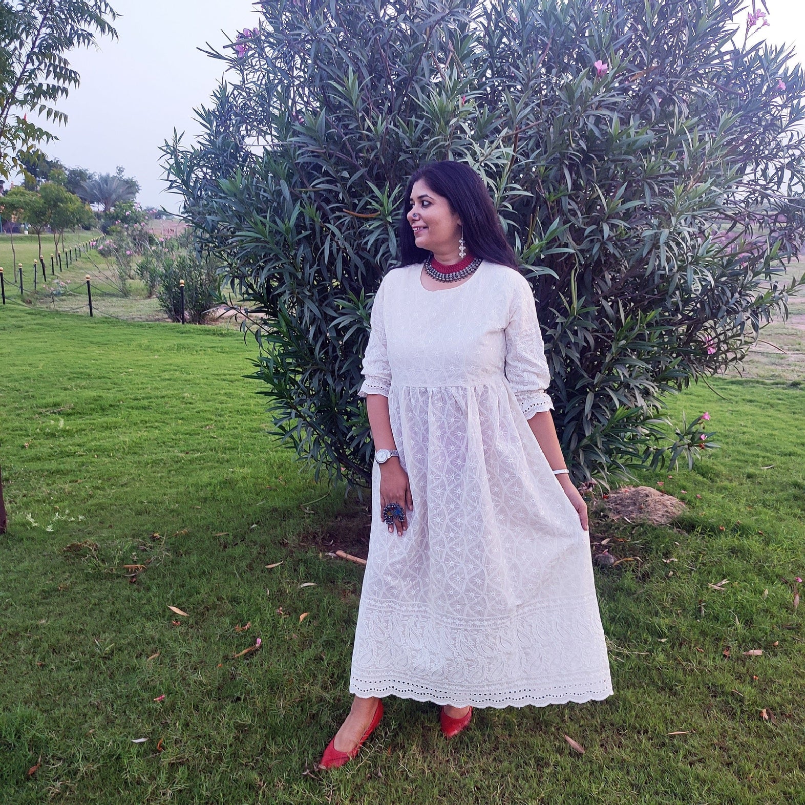 hand embroidery white long dress chikankari work evening party wear ruffle sleeves made in india online shopping designer wear
