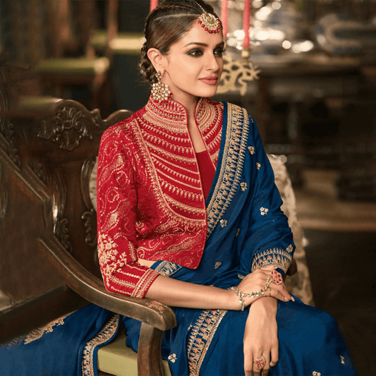 Handmade latest fashion designer blue silk handmade saree blouse online shopping made in India festive office wear party