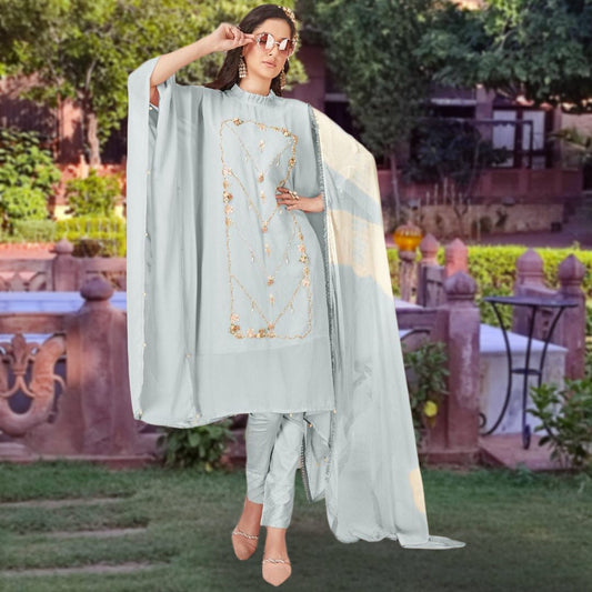 pastel blue latest designer georgette kaftan suit set with dupatta and cotton cigarette pants summer wear made in india