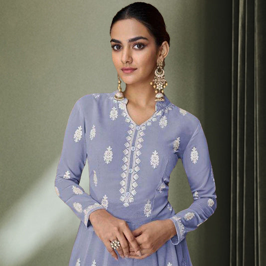 hand embroidered mauve chikankari work evening party dress gown long sleeves made in india online shopping designer wear