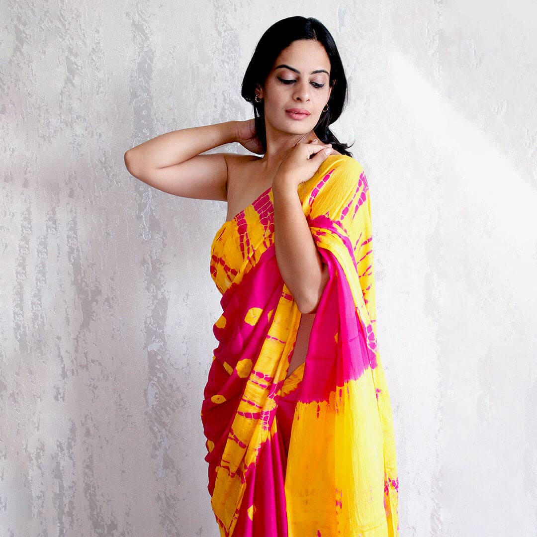 pink bandhej shibori tie dye chinnon saree handmade in india light-weight for summer wear party wear Indian outfit