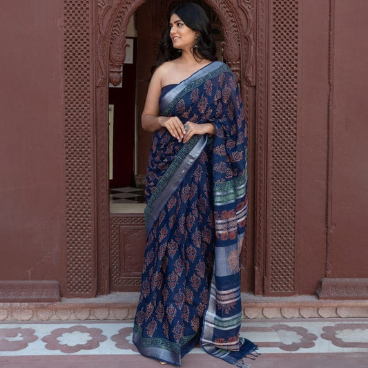 hand block navy blue saree motif flowers summer wear designer made in india