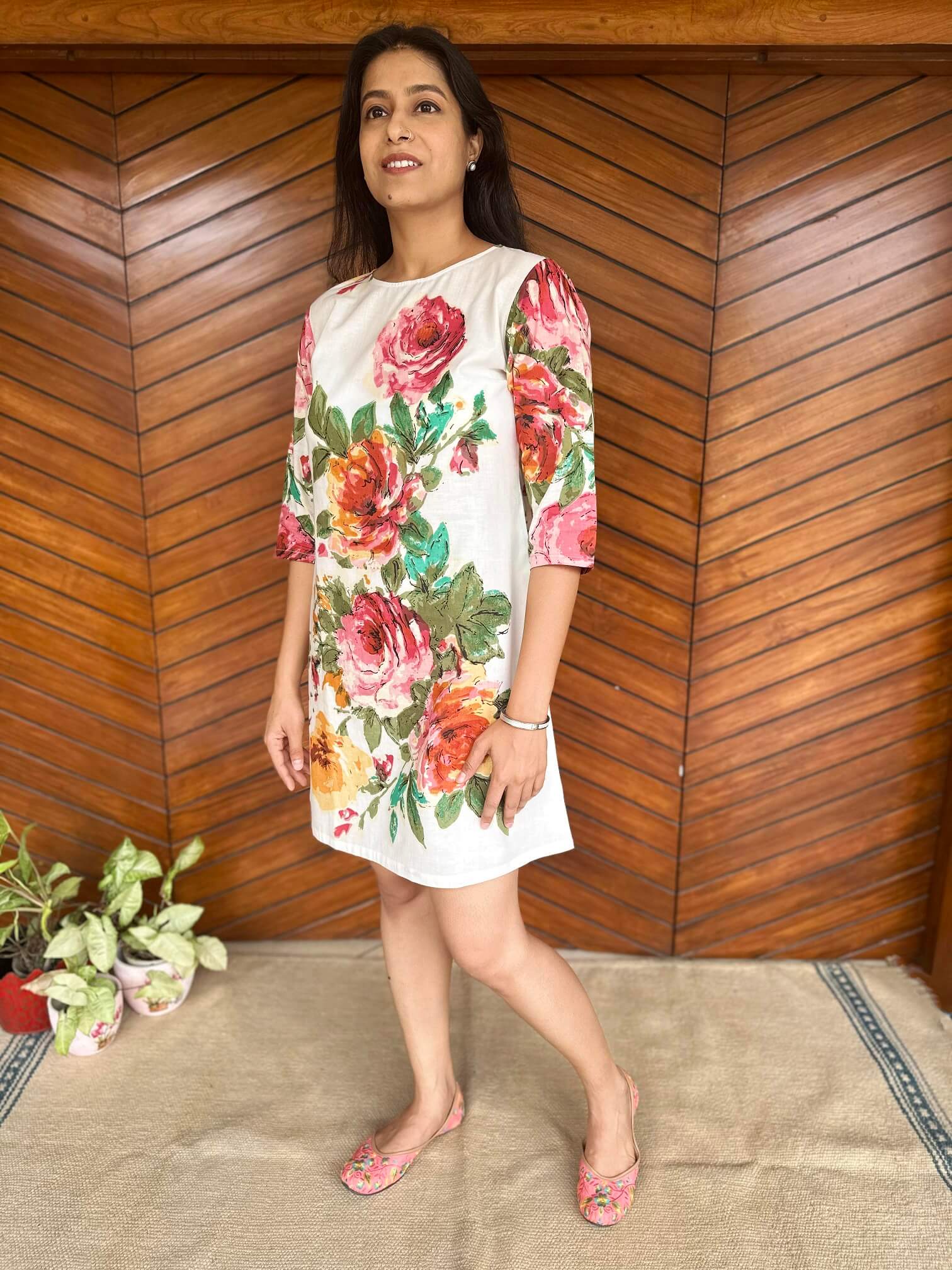 designer wear handmade dress in white cotton with roses