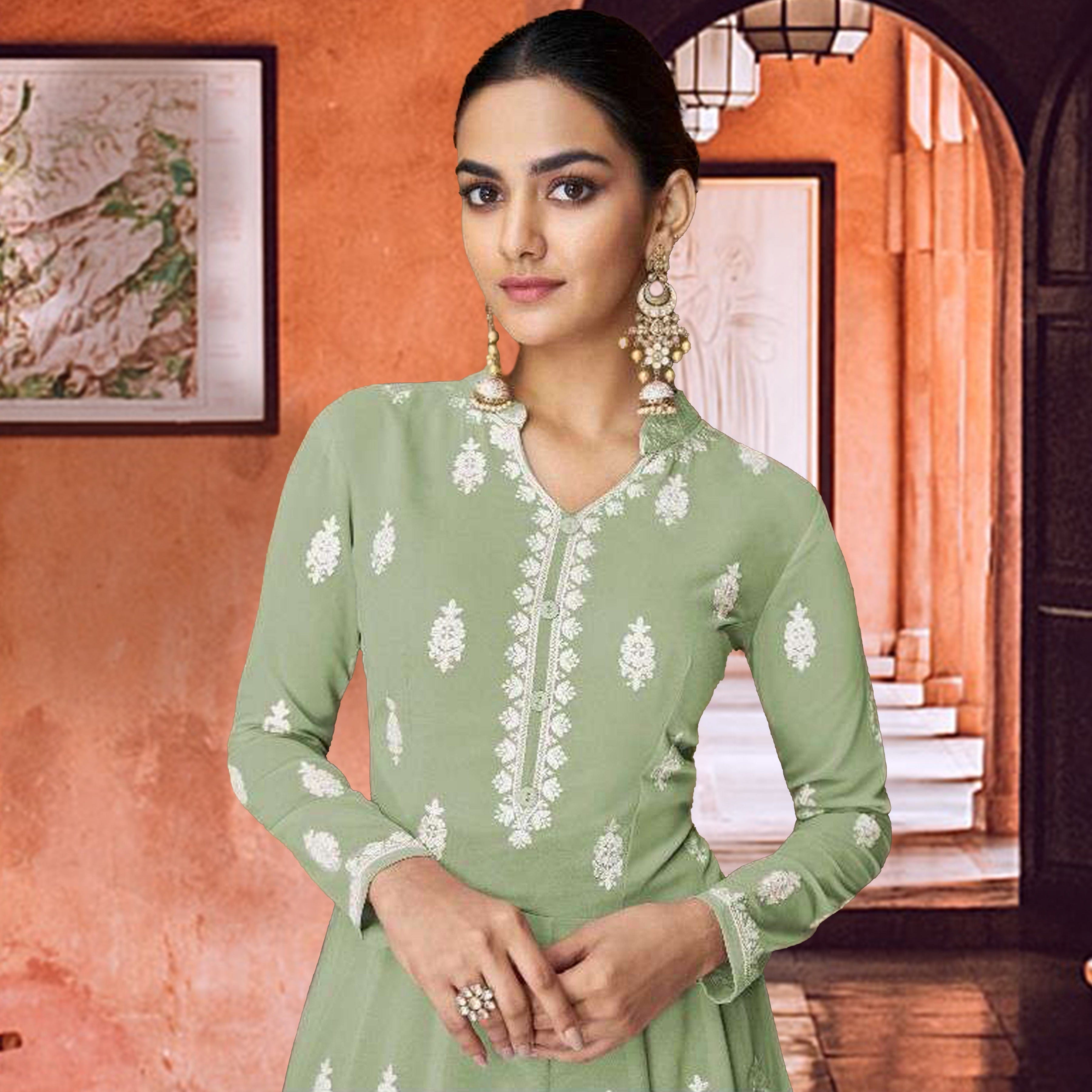 hand embroidered light green chikankari work evening party dress gown long sleeves made in india online shopping designer wear