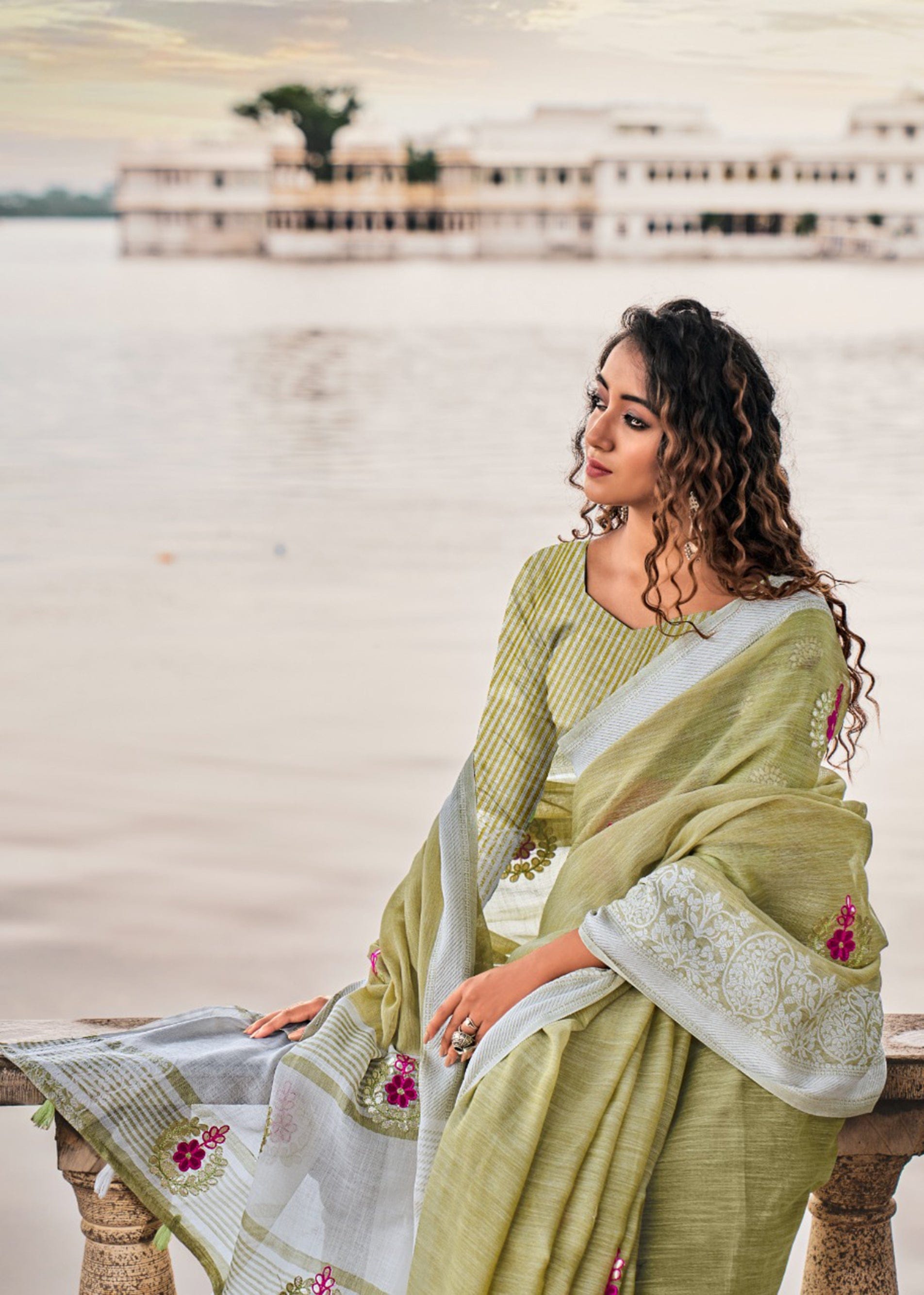 Handmade designer embroidered gota patti linen saree and blouse in hues of lime on white for online shopping made in India